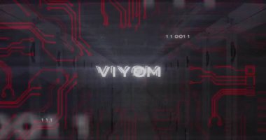 Virüs metninin animasyonu, ikili kodlar ve sunucu odasında devre kartı deseni. Dijital bileşik, çoklu pozlama, kodlama, güç arzı, ağ, teknoloji ve ağ sunucu kavramı.