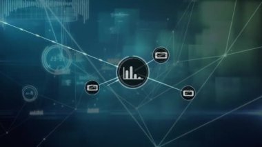 Grafiklerin ve telefon simgelerinin kutular ve ses dalgaları üzerinden çizgilere bağlanması. Dijital olarak üretilmiş, çoklu pozlama, iş, rapor, teknoloji, fütüristik.