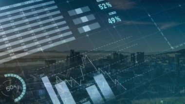 Şehir manzarasının havadan görüntüsüne karşı istatistiksel veri işleme animasyonu. Bilgisayar arayüzü ve iş veri teknolojisi kavramı