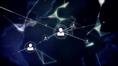 Profil simgelerinin oluşturduğu ağın animasyonu ve kapalı ellerin üzerindeki pleksus ağlarının küresi. Küresel ağ ve iş teknolojisi kavramı