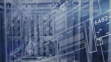 Bilgisayar sunucu odasındaki veri işleme arayüzünün animasyonu. Bilgisayar arayüzü ve iş veri teknolojisi kavramı