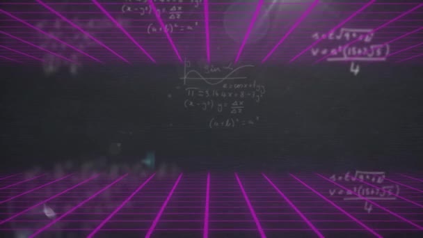 Animacja Równań Symboli Matematyki Podświetlaną Siatką Poruszającą Się Czarnym Tle — Wideo stockowe