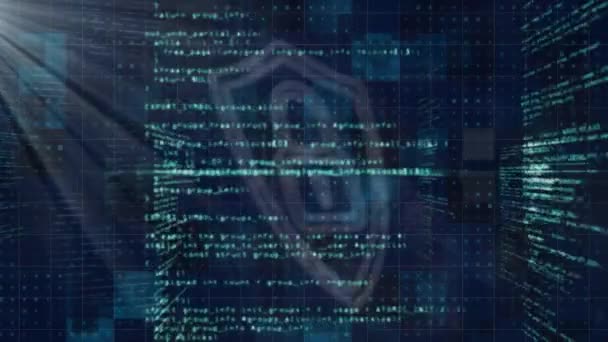 セキュリティパドロックアイコン データ処理 ブルーバックグラウンドのライトスポットのアニメーション サイバーセキュリティとビジネス技術のコンセプト — ストック動画