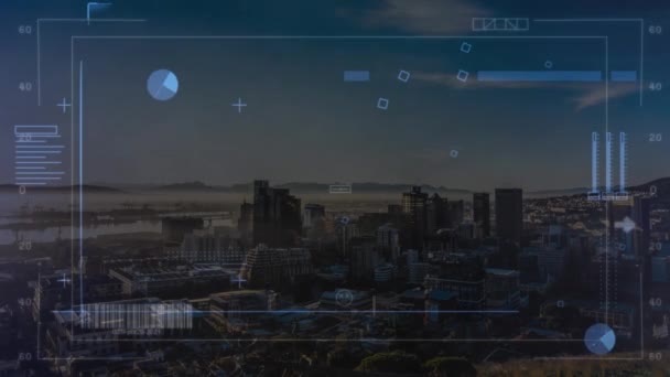 Animering Gränssnitt Med Databehandling Mot Flygfoto Stadsbilden Datorgränssnitt Och Affärsteknik — Stockvideo