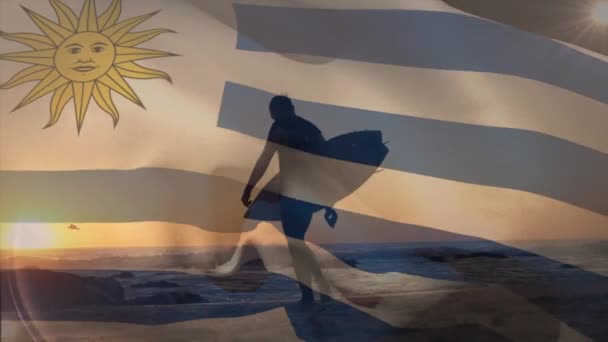 Animáció Hullámzó Uruguay Zászló Ellen Ember Szörfdeszka Kutyák Séta Parton — Stock videók