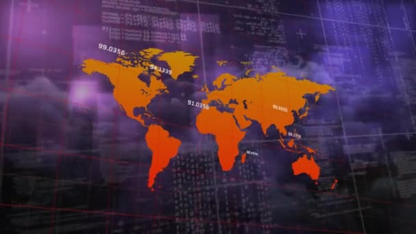 Animacja Mapy Świata Przetwarzanie Danych Fioletowych Kwadratowych Kształtach Czarnym Tle — Wideo stockowe