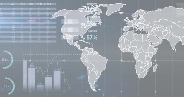 在灰色背景下在世界地图上进行统计数据处理的动画 计算机接口和业务数据技术概念 — 图库视频影像