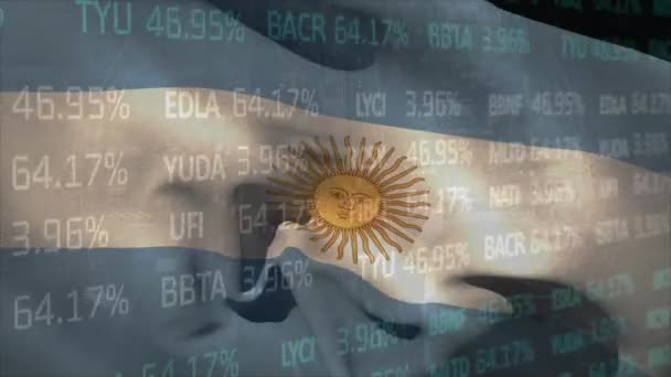 Анимация Обработки Данных Фондового Рынка Против Размахивания Флагом Аргентины Концепция — стоковое видео