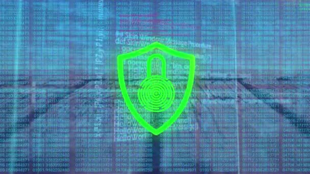 动画的安全锁图标和数据处理蓝色背景 网络安全和商业技术概念 — 图库视频影像
