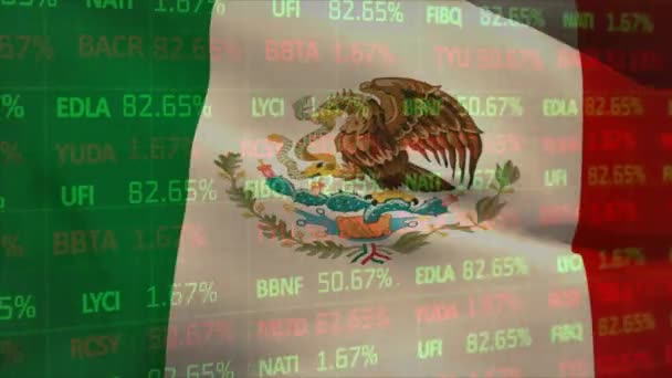 Animacja Przetwarzania Danych Giełdowych Przed Machającą Flagą Meksyku Gospodarka Narodowa — Wideo stockowe