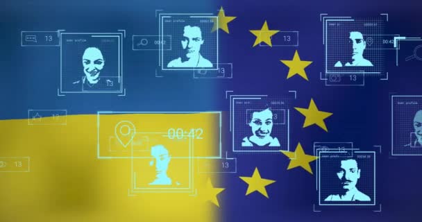 Ukrayna Avrupa Birliği Bayrakları Üzerinde Insan Profilleri Çoklu Bilgisayar Simgesi — Stok video