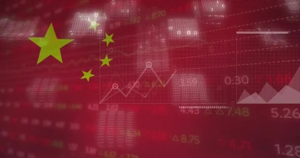 中国の国旗の上を移動する数字を変更する複数のグラフのアニメーション デジタル生成 愛国心 ビジネス レポート データベース — ストック動画