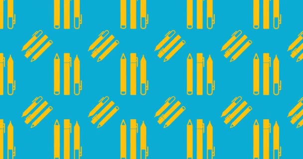 Animation Yellow Pens Pencils Pattern Blue Background School Repetition Shape — Stock Video