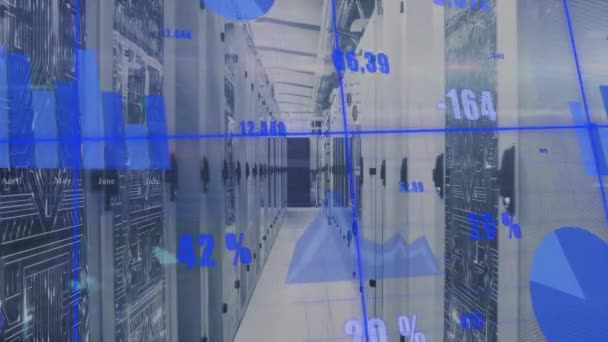 コンピュータサーバールームに対するグリッドネットワーク上の統計データ処理のアニメーション コンピュータインターフェースとビジネスデータ技術のコンセプト — ストック動画
