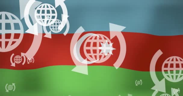 Animación Globo Con Señales Flecha Moviéndose Sobre Ondeando Bandera Nacional — Vídeo de stock