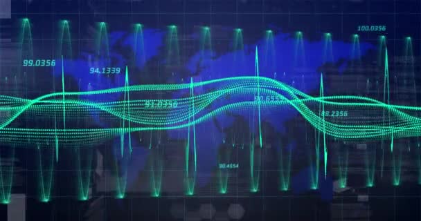 Анімація Точок Утворюють Хвильові Візерунки Цифри Над Цифровою Картою Цифрове — стокове відео