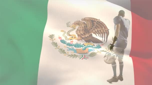 ボールとヘルメットを持っているアフリカ系アメリカ人男性ラグビー選手の上にメキシコの国旗のアニメーション デジタルコンポジット スポーツ コンペティション チャンピオンシップ 愛国心 プライドコンセプト — ストック動画