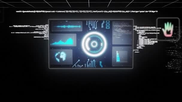 デジタルアイコンとスクリーンのアニメーション ブラックバックグラウンドでグリッドネットワークを介したデータ処理 コンピュータインターフェースとビジネス技術のコンセプト — ストック動画