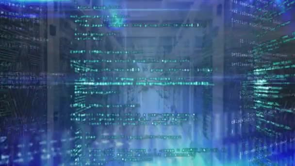Animatie Van Gegevensverwerking Blauwe Lichtvlekken Microprocessorverbindingen Tegen Serverruimte Computerinterface Bedrijfsconcept — Stockvideo