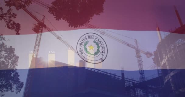Animazione Più Grafici Barre Bandiera Paraguay Gru Sulla Costruzione Edifici — Video Stock