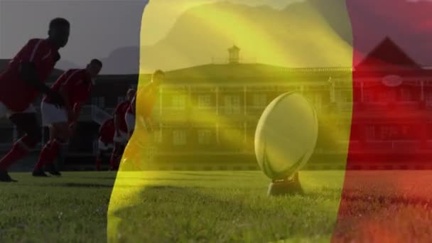 Animación Bandera Bélgica Ondeando Sobre Diversos Jugadores Masculinos Que Juegan — Vídeo de stock