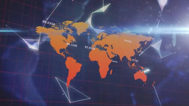 地球と数字の地図を形成する照らされた接続された点のアニメーション デジタル生成 グローバルネットワーキング テクノロジー テレコム — ストック動画