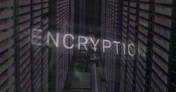 Animering Krypteringstext Binärkoder Och Kretskort Över Serverrummet Digital Komposit Flera — Stockvideo