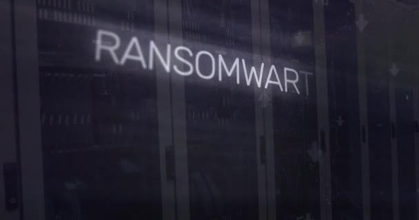 Animering Ransomware Text Kretskort Mönster Binära Koder Över Serverrummet Digital — Stockvideo
