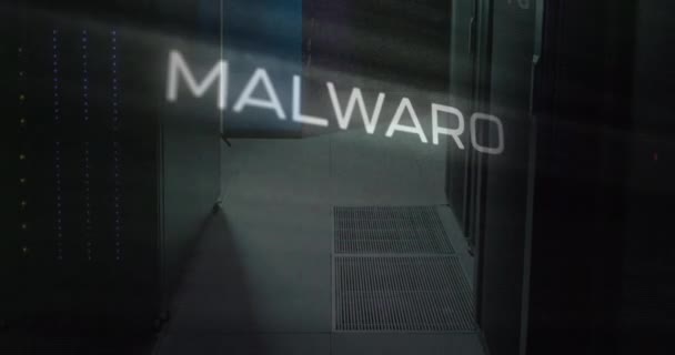 Animering Malware Text Kretskort Mönster Över Serverrum Bakgrunden Digital Komposit — Stockvideo
