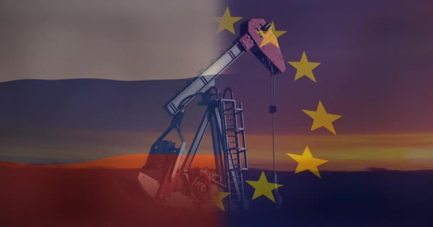 Animação Bandeira Russa Bandeiras União Europeia Sobre Guindaste Movendo Contra — Vídeo de Stock