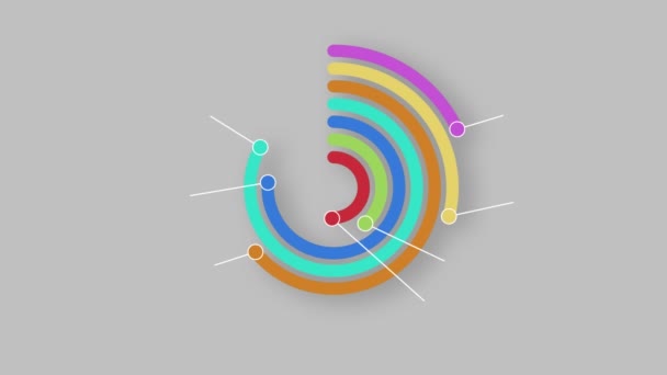 Animation de cercles statistiques avec des marqueurs se déplaçant sur fond gris. Statistiques et traitement des données concept vidéo généré numériquement.