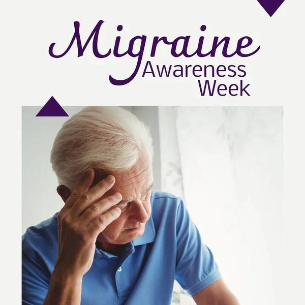 Migraine Awareness Week Text Purple Senior Caucasian Man Touching Head — Stock Photo, Image