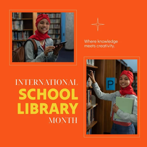 Collage of biracial woman in hijab with tablet in library, international school library month text. Composite, where knowledge meets creativity, education, book, technology and celebration concept.