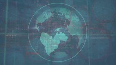 Hud arayüz ekranı üzerinde dönen dünyanın animasyonu. Dijital olarak üretilmiş, çoklu pozlama, küreselleşme, iş, rapor, programlama dili, geleceksel, teknoloji.