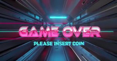 Aydınlatılan oyunun animasyonu bitti ve lütfen bilgisayar ekipmanlarına bozuk para metni yerleştirin. Dijital kompozit, tünel, son, atari, video oyunu, rekabet ve teknoloji konsepti.