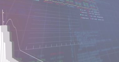 Animation of statistical and stock market data processing against grey background. Global economy and business data technology concept