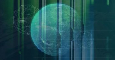 Animation of spinning globe and statistical data processing against computer server room. Global networking and business data storage technology concept