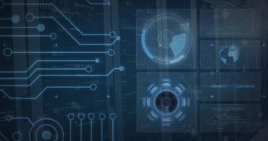 Sunucu odasında radar, ark reaktörü, dünya ve bilgisayar dili animasyonu. Dijital bileşik, çoklu pozlama, küreselleşme, kodlama, veri merkezi, ağ, teknoloji ve ağ sunucusu.