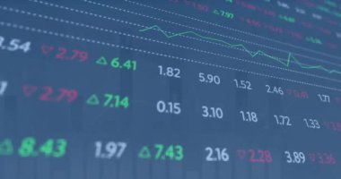 Animation of statistical and stock market data processing against blue background. Global economy and business data technology concept