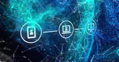 Koyu arkaplanda simgeleri ve bağlantıları olan ağın canlandırılması. Dijital olarak oluşturulmuş küresel çevrimiçi güvenlik, bağlantılar, hesaplama ve veri işleme kavramı.