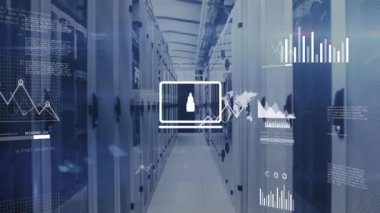 Bilgisayar sunucu odasındaki istatistiksel veri işleme arayüzünün animasyonu. Bilgisayar arayüzü ve iş veri teknolojisi kavramı