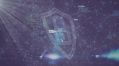 Güvenlik asma kilit simgesi, ışık noktaları ve mor arkaplan ile bağlantı ağının animasyonu. Siber güvenlik ve iş teknolojisi kavramı