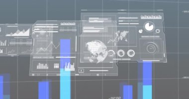 Dünya haritasında gri arkaplan ile istatistiksel veri işleme arayüzünün canlandırılması. Bilgisayar arayüzü ve iş veri teknolojisi kavramı