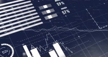 Mavi arkaplan ile ızgara ağı üzerinden istatistiksel veri işleme animasyonu. Bilgisayar arayüzü ve iş veri teknolojisi kavramı