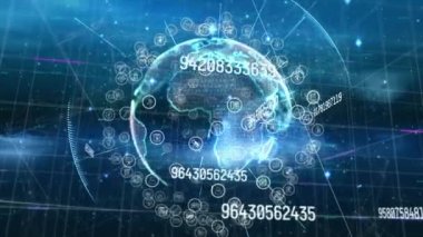 Simgelerle, haritalarla aydınlatılmış dünyanın animasyonu, şebeke üzerinde değişen sayılar. Dijital olarak üretilmiş, çoklu pozlama, küresel ağ, haritalama, teknoloji, soyut ve geleceksel.