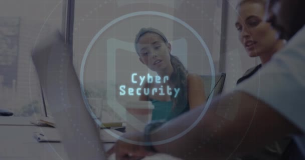 Animação Texto Segurança Cibernética Ícone Olho Sobre Estratégia Planejamento Colegas — Vídeo de Stock