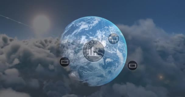 Çizgiler Bulutlu Gökyüzünde Hareket Eden Dünya Ile Bağlantılı Grafik Telefon — Stok video