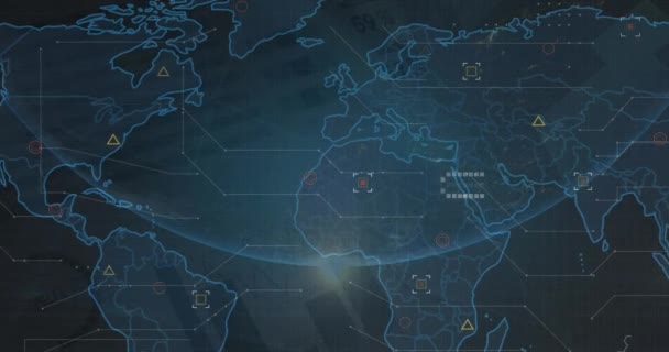 Animace Zpracování Statistických Dat Světelných Skvrn Rotující Zeměkouli Mapě Světa — Stock video