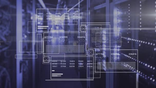 グラフ ローディングサーバー バーのアニメーション 照らされたサーバールーム上の数字の変更 デジタル複合 複数の露出 ビジネス テクノロジー ネットワークサーバーのコンセプト — ストック動画