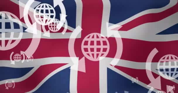 Animace Glóbu Šipkami Pohybující Nad Vlnící Britskou Vlajkou Digitálně Generované — Stock video